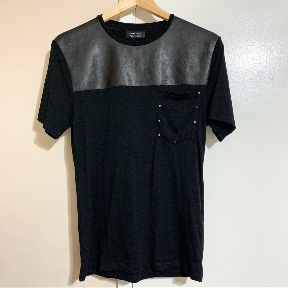 Zara Man Faux Leather Studded Pocket T-Shirt
